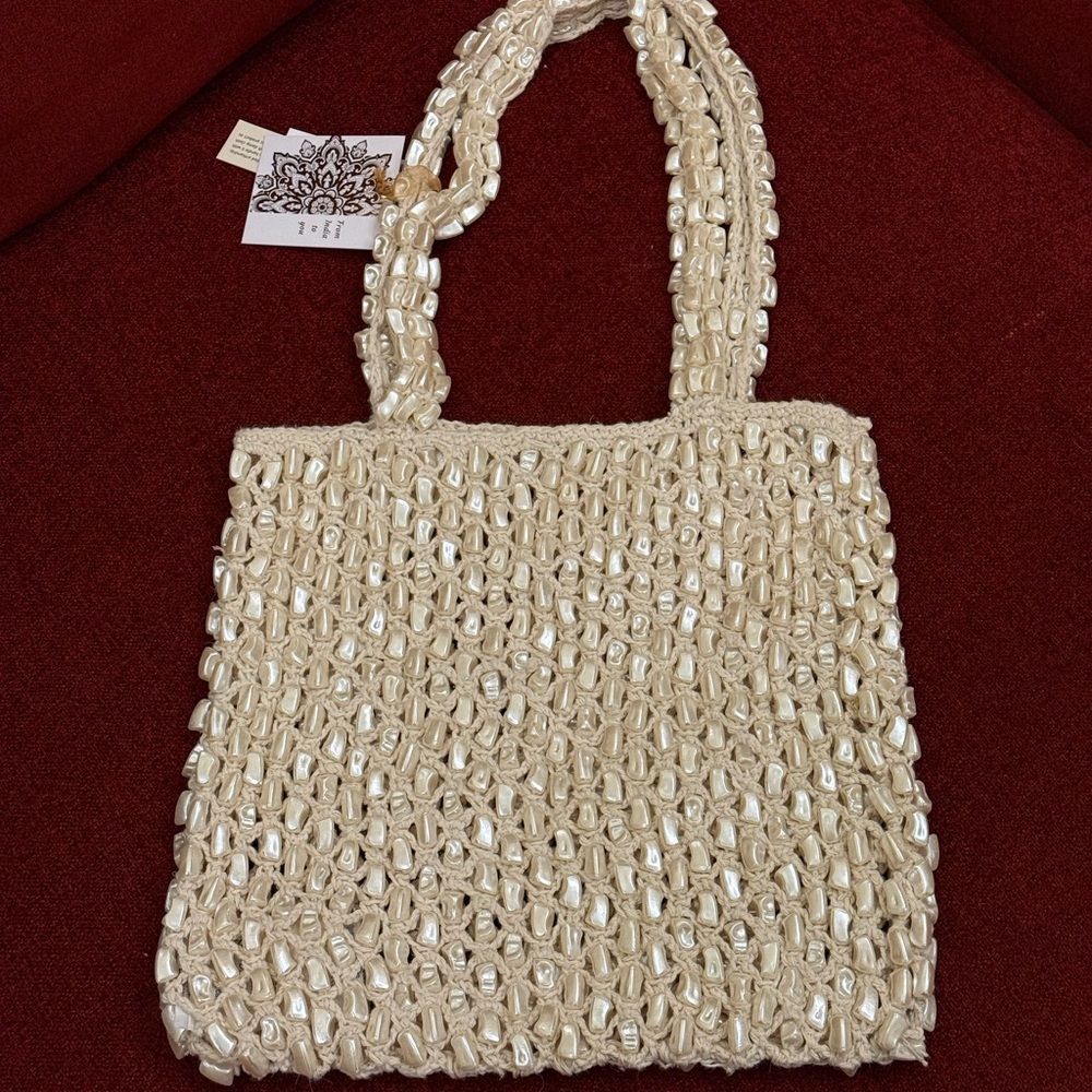 NWT Viral Cream White Knit Crochet Pearl Beaded Tote Bag Brand New Made in India
